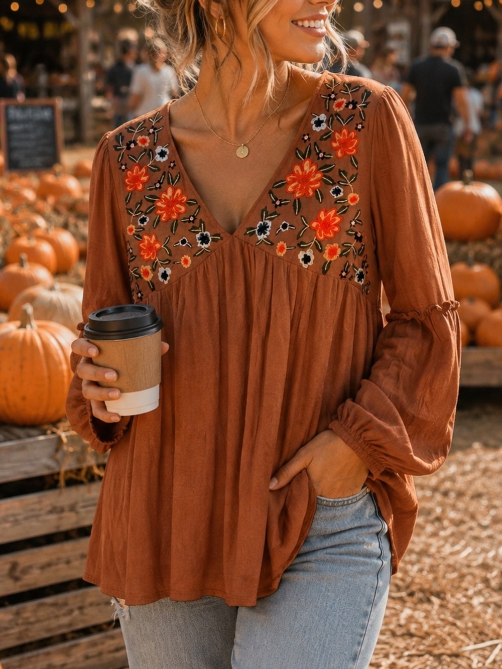 🍂HAILEY & CO Embroidered V-Neck Boho Blouse - Rust Orange - Small